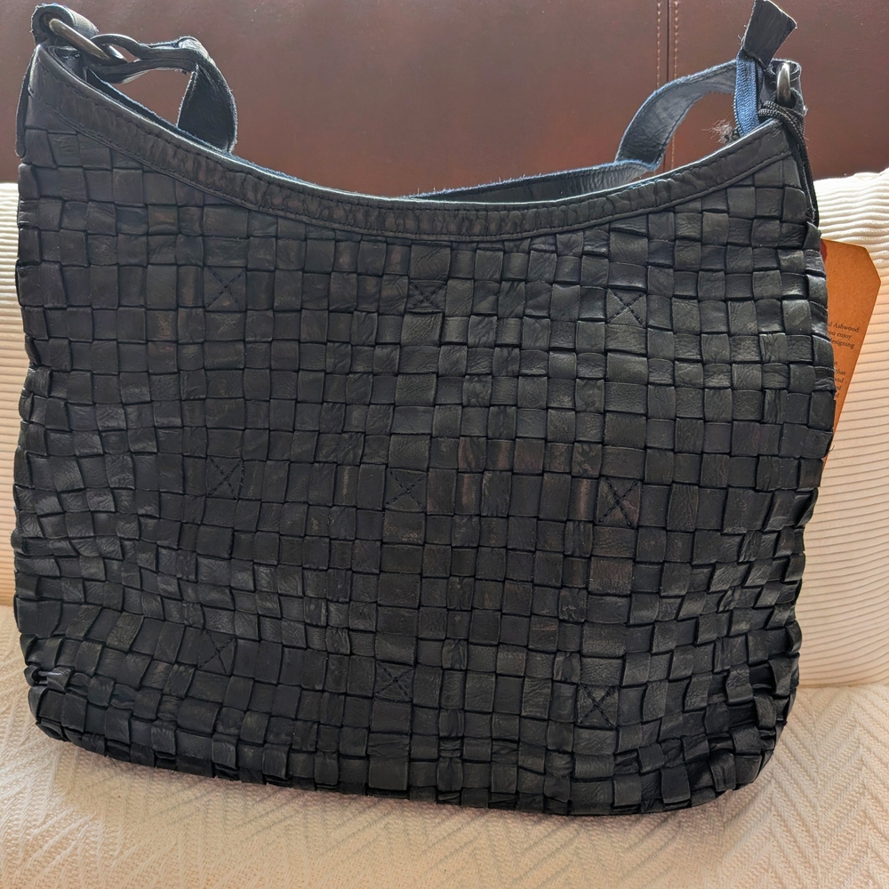 Woven Leather Shoulder Bag - Navy Approx 13x10"
